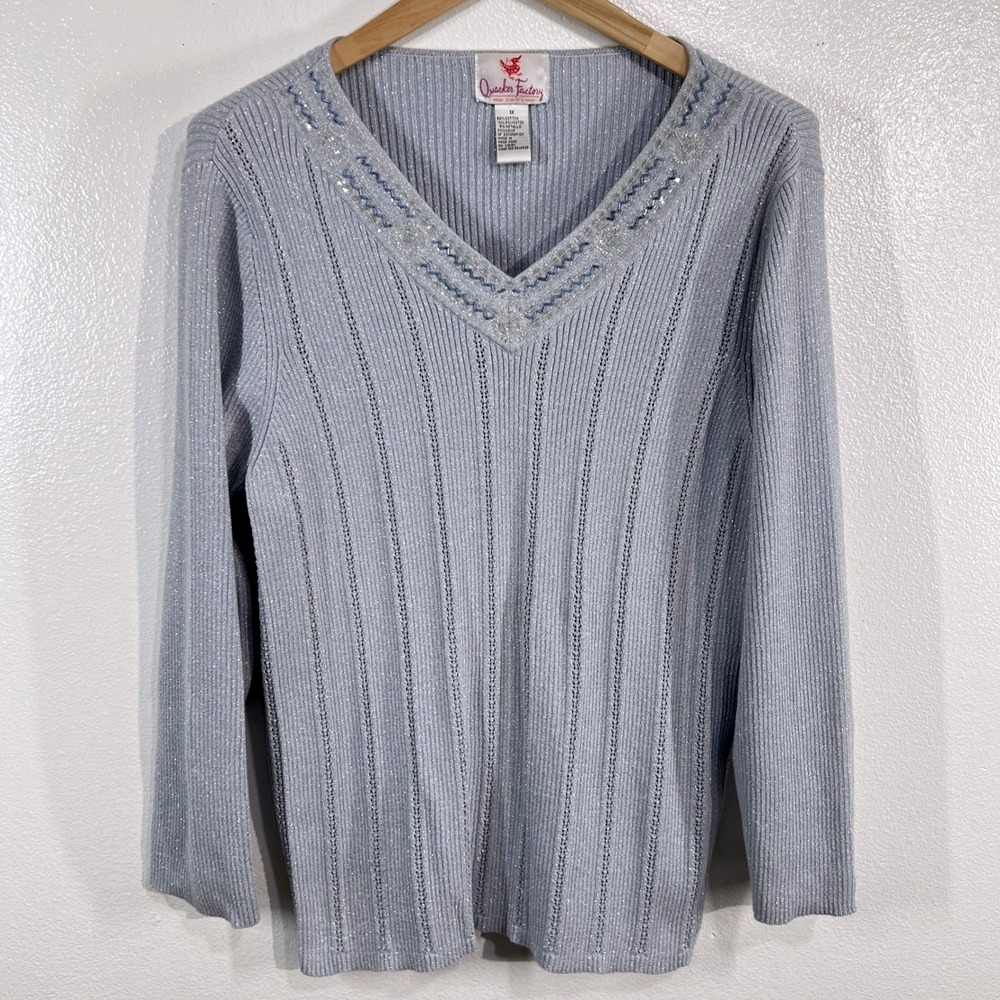 Quacker Factory Sparkle V-Neck Embellished Knit Silver Metallic Ribbed Sweater